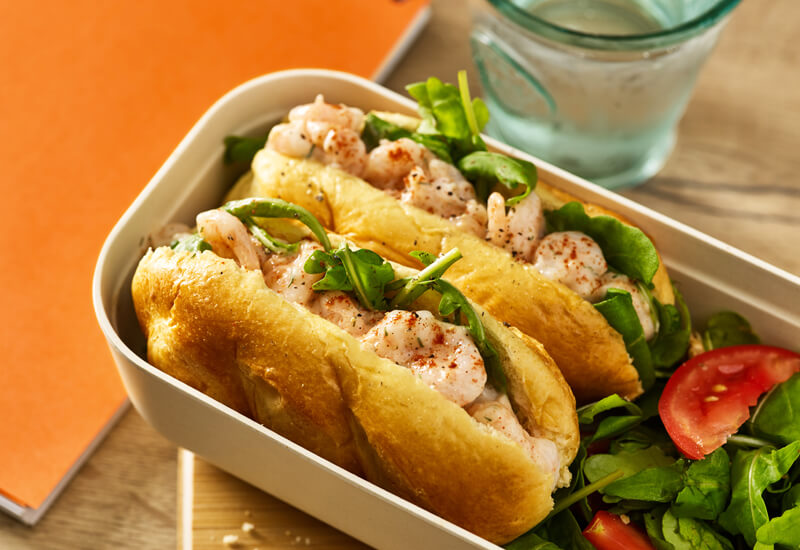 Back to school sandwiches: a St Pierre Brioche Soft Baguette filled with prawns and lettuce