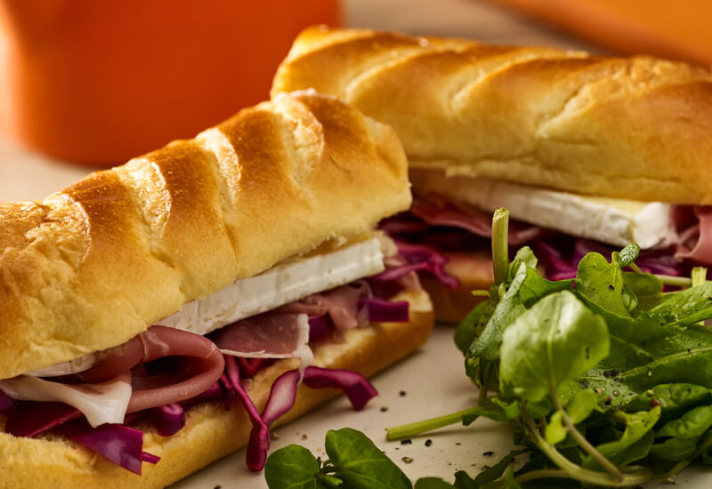 Back to school sandwiches: a Prosciutto, Brie and Red Cabbage filled St Pierre Soft Brioche Baguette